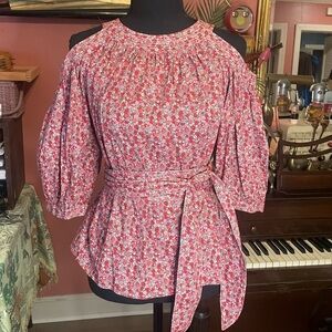 Super cute pink cold shoulder floral Rebecca Taylor La Vie Top with long belt